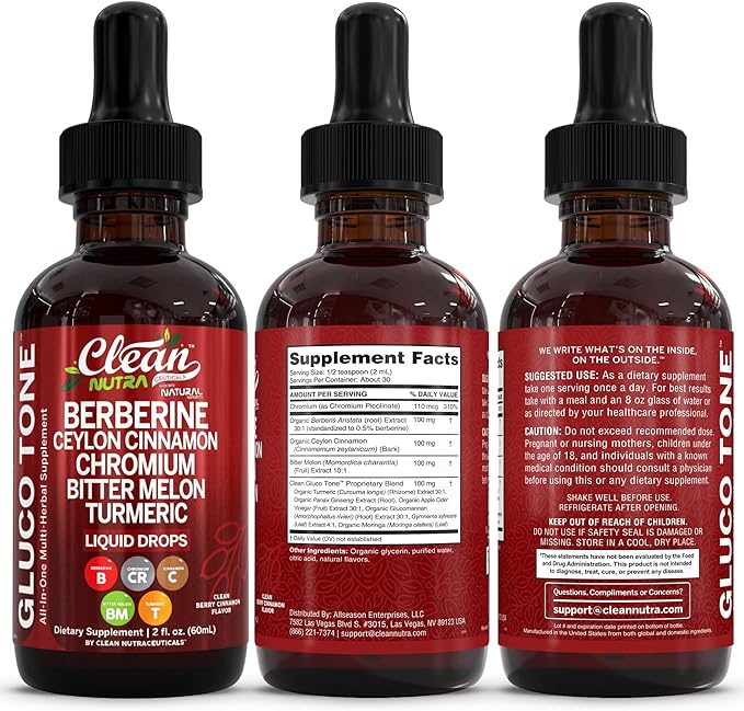 Clean Nutra Berberine with Ceylon Cinnamon Supplement Liquid Drops + Bitter Melon Extract, Glucomannan, Gymnema, Chromium, Turmeric, Organic Panax Ginseng, Moringa GLP-1 Support