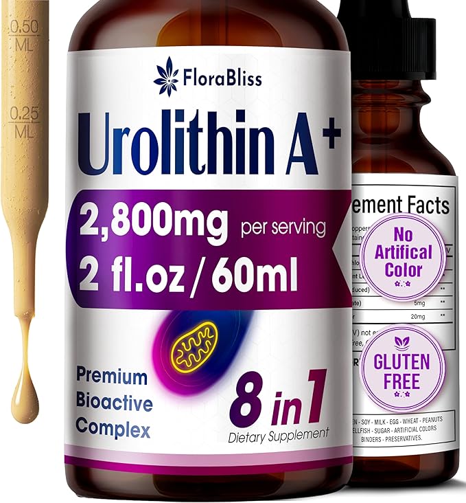 FloraBliss Urolithin A Supplement 2800 mg Liquid Drops | with Trans-Resveratrol, Collagen Peptides, Pomegranate Extract, Hyaluronic Acid, Vitamin E & C | 60ml |30-Day Supply