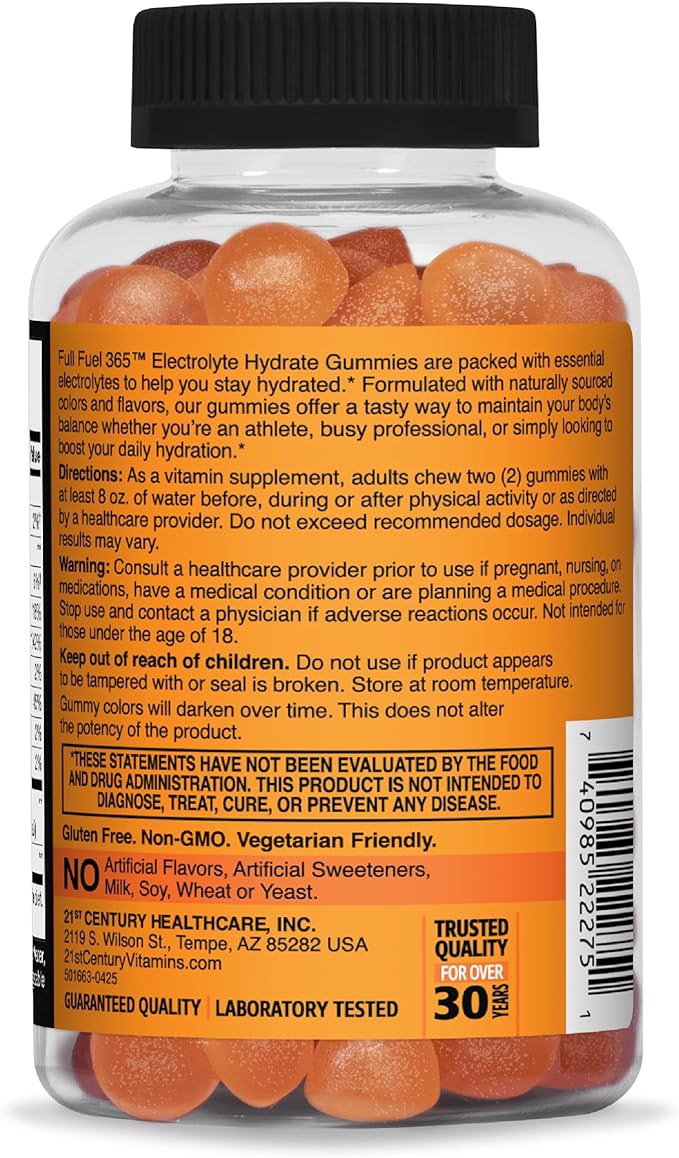 21st Century Full Fuel 365 Electrolyte Gummies, Orange Flavor, 60 Count, Daily Hydration and Electrolyte Replenishment with Potassium, Zinc, B-12, Magnesium