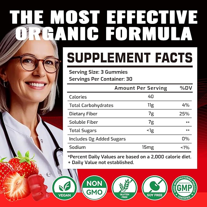 Prebiotic Fiber Gummies for Adults, 7G Extra Strength, Zero Sugar Added, 90 Pectin Based Gummies, Digestive Health & Regularity Support-Strawberry-2PACK