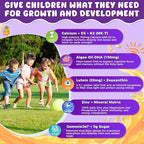 Sugar Free Kids Calcium Gummies (Ages 4-12) - 300mg Calcium Citrate w/Vitamin D3 K2 Magnesium - Algae DHA, Lutein & Zeaxanthin for Strong Bones, Eye & Brain Support - Gelatin Free - 60 Gummies