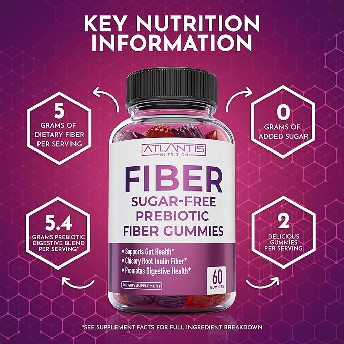 Atlantis Nutrition Sugar Free Fiber Gummies for Adults - 5G Fiber Supplement Formulated with 5.4G Prebiotic Digestive Blend/Serving - Supports Gut Health & Healthy Digestion - 2-Pack 120 Gummies