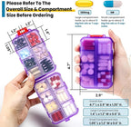 14 Grids Travel Pill Organizer Box with 415-Pcs Medicine Name Labels, Pocket Daily Pharmacy Case Container, Travel Medication Holder Dispenser Kit for Fish Oil Vitamin Supplement Storage -Clear Purple