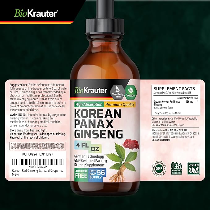 BIO KRAUTER® Ginseng Supplement - Pure Vegan Liquid Drops Korean Red Ginseng 696 mg per Serving 4 Fl.Oz 56-Day Supply - Used for Energy, Focus, Performance & Immune Support - Alcohol & Sugar Free