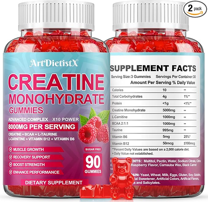 Creatine Monohydrate 8000mg Gummies with BCAA, L-Carnitine, Taurine & Vitamin B12 - Pre Workout Supplement for Muscle Growth, Strength & Energy - Raspberry Flavor Gummies, 180 Count for Men & Women