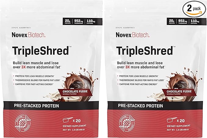Novex Biotech TripleShred Protein - Pre-Stacked Protein - Increase Energy and Focus - Build Muscle - Chocolate Fudge, 20 svgs (Pack of 2)