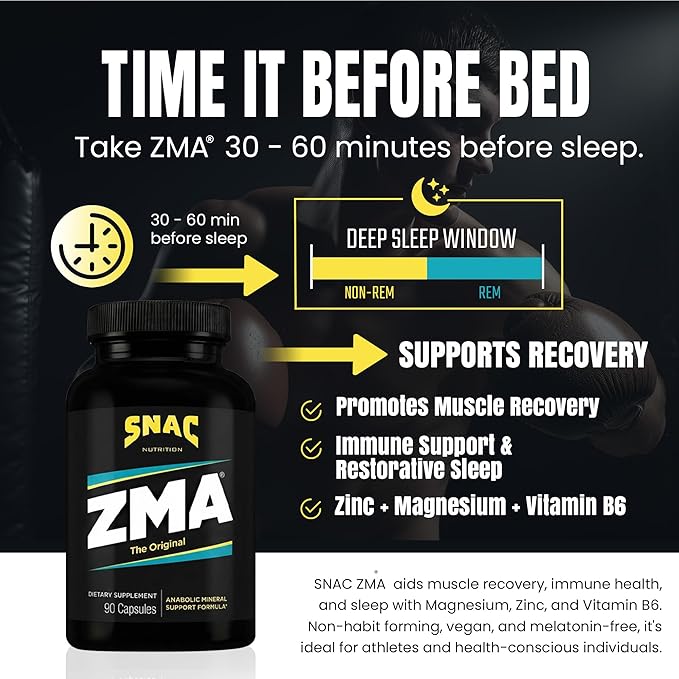 SNAC ZMA The Original Sleep & Recovery Supplement - Supports Muscle Recovery, Restful Sleep, Relaxation, Stress Relief and Immune Support with Magnesium, Zinc & Vitamin B6, 90 Veggie Capsules, 2 Pack