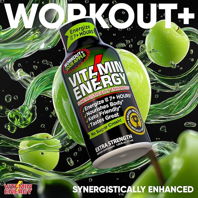 Vitamin Energy Workout+ Extra Strength Energy Shot Sour Apple 10 Pack, 260mg Natural Caffeine, Pre-Workout, B-Vitamins, Minerals, Endurance & Performance, Zero Sugar, Gluten-Free, Vegan, 1.93 fl oz