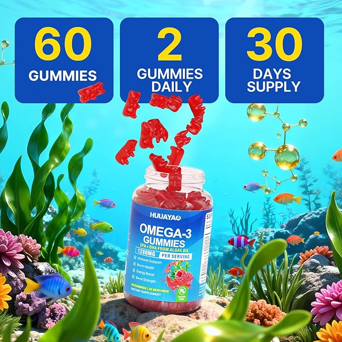 Vegan Omega-3 Gummies 1028mg, Omega 3 Fish Oil Alternative for Adults w/EPA 400mg & DHA 600mg & Vitamin A, C, E Supports Brain, Eye & Immune Health, Sugar Free, Raspberry Flavor, 120 Count