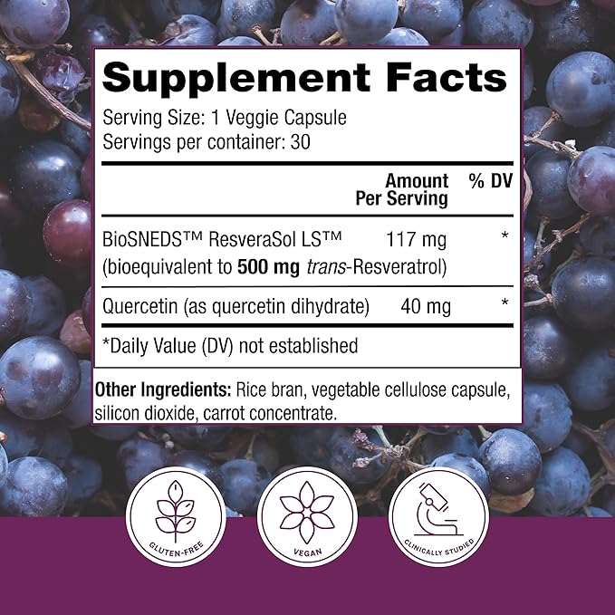 Reserveage Beauty Resveratrol Plus+ 500 mg - Rapid-Release Resveratrol Capsules with Quercetin for Immune System, Brain Health & Cellular Health - Gluten-Free & Vegan - 30 Veggie Capsules