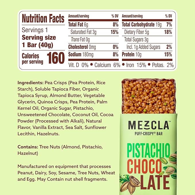 Mezcla Puff Crispy Protein Bars, Gluten Free & Vegan Protein Bars, 10g Protein, Alt for Crispy Rice Treat, Granola Bars & Breakfast Bars, Healthy Snacks for Adults, Pistachio Chocolate, 1 Count