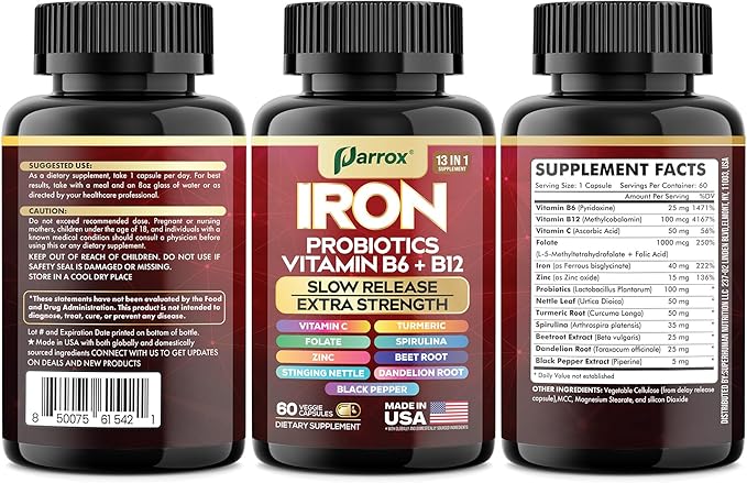 Iron Supplement, Slow Release Iron, Probiotics, Spirulina, Turmeric, Vitamin B6, Methylated B12, Vitamin C, Zinc, Beetroot, Nettle Leaf, Dandelion Root, Black Pepper, Extra Strength, 60 Capsules 3Pack