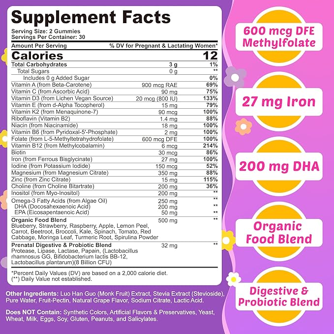 Prenatal Vitamins for Women with Methylfolate, Vegan Omega-3 DHA, Organic Food Blend, Probiotics, Iron, Vitamin D3 B6 B12, Choline, Sugar Free Multivitamin for Women During & Post Pregnancy, 60 Cts