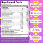 Prenatal Vitamins for Women with Methylfolate, Vegan Omega-3 DHA, Organic Food Blend, Probiotics, Iron, Vitamin D3 B6 B12, Choline, Sugar Free Multivitamin for Women During & Post Pregnancy, 60 Cts