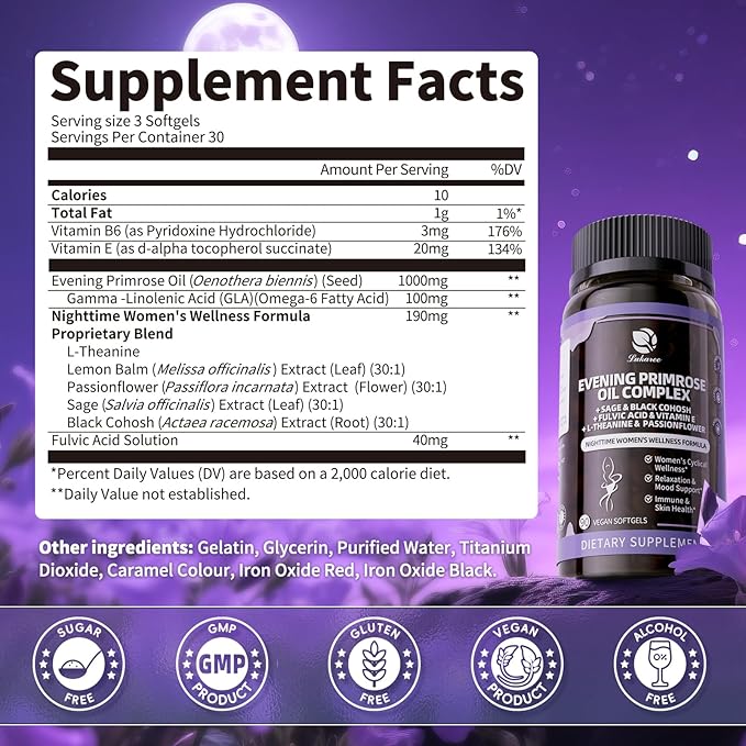 Lukaree 2 Pack Evening Primrose Oil Complex for Women – Hormone Wellness with Cold-Pressed EPO, 10% GLA, Sage, Fulvic Acid, L-Theanine – Cyclical Balance, Mood, Skin & Immune Health, 180 Softgels