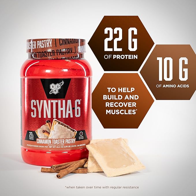 BSN SYNTHA-6 Premium Protein Powder with 6g of Fiber, Whey Isolate, Micellar Casein, Milk Protein Isolate, 5g of Fat, Cinnamon Toaster Pastry, 28 Servings, 2.91 Pound (Packaging May Vary)