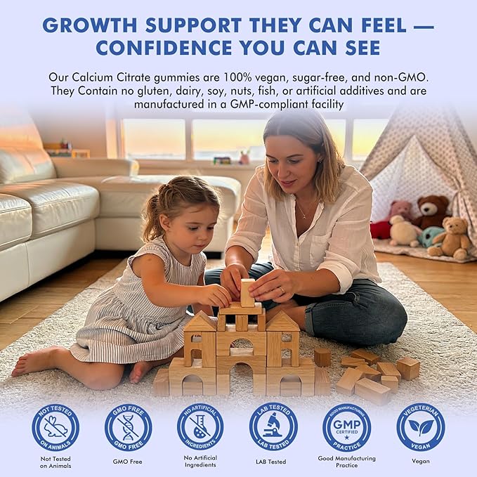 Kids Calcium Citrate Gummies with Vitamin D3 Supplement, Calcium Citrate 300/600 mg with Magnesium Zinc & Multivitamin for Kids 4+ & Teens, Support Bone Muscle & Digestive Health, Sugar Free, 60ct