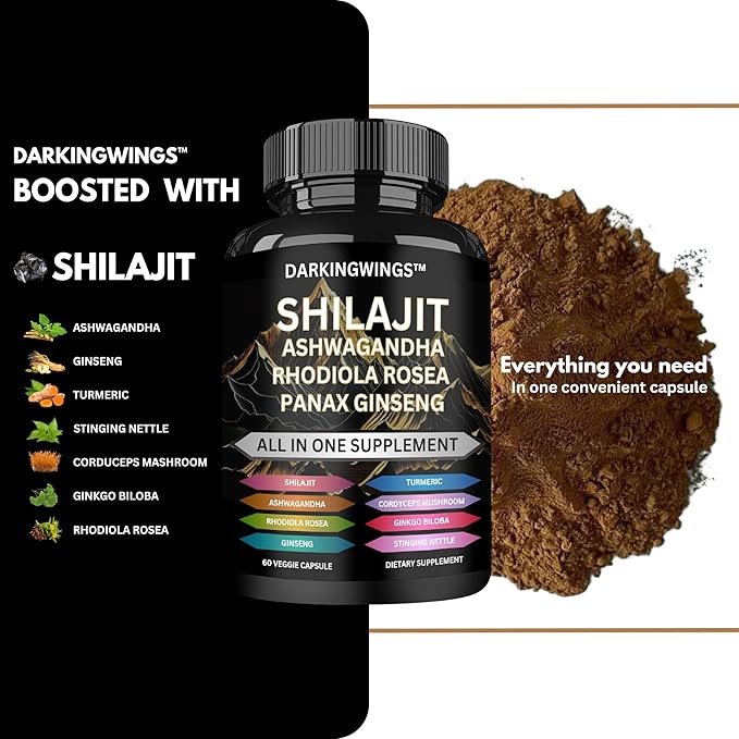 8-in-1 Shilajit 9000 Panax Ginseng 1500MG Ashwagandha 2000MG Rhodiola Rosea 1000MG, Turmeric 500MG, Gingko Biloba 500mg, Stinging Nettle 250MG, Cordyceps Mushroom 500 MG for Full Body Power