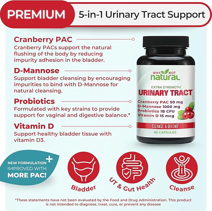 Why Not Natural 5-in-1 UTI Pills with D Mannose, Cranberry PAC Extract, Probiotics and Vitamin D - Urinary Health Formula for Women and Men