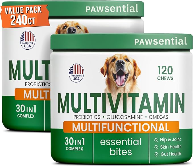 Dog Vitamins + Glucosamine - Chewable Multivitamins + Probiotics, Omega - Hip & Joint Support, Skin & Coat, Gut Health - Adult & Senior - Large & Small Breed - 240 Chews