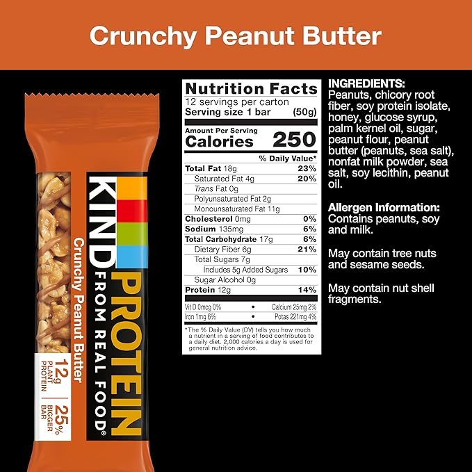 KIND Protein Snack Bar, Crunchy Peanut Butter, Healthy Snacks, Gluten Free, 12g Plant Protein, 12 Count