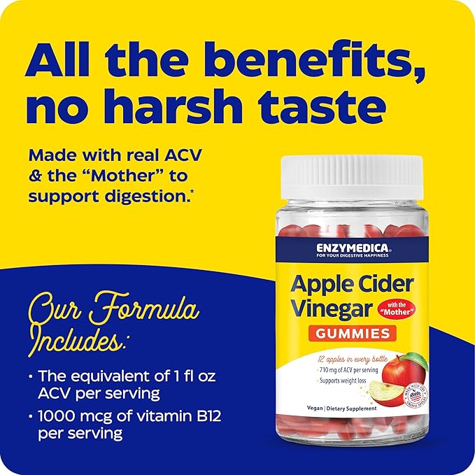 Enzymedica, Apple Cider Vinegar Gummies, Made with The Mother, 12 Organic, USA-Grown Apples per Bottle,1000 mcg Vitamin B12 per Serving, Natural Apple, 74 Count