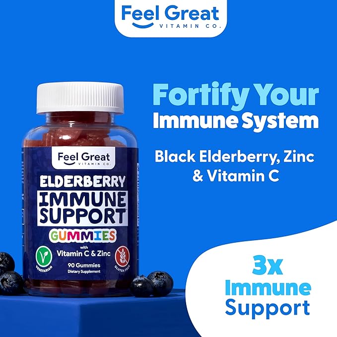 Feel Great Sambucus Elderberry Gummies with Zinc and Vitamin C for Adults | Immune Support Booster | Berry Flavored Vegan Supplement | 90 Day Supply 