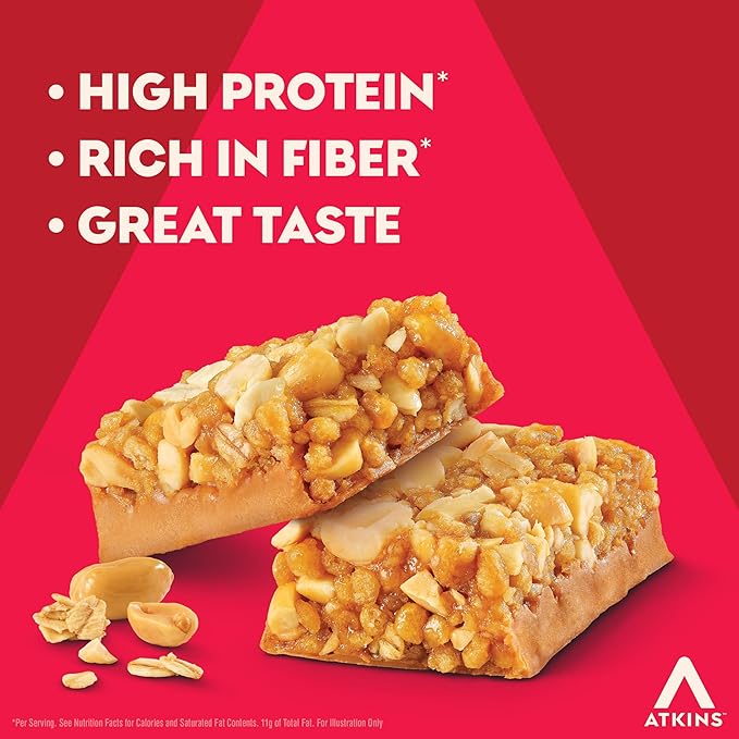 Atkins Peanut Butter Granola High Protein Bar, High Fiber Snack , 16g Protein, 1g Sugar, 4g Net Carb, Protein Snack, 12 Count