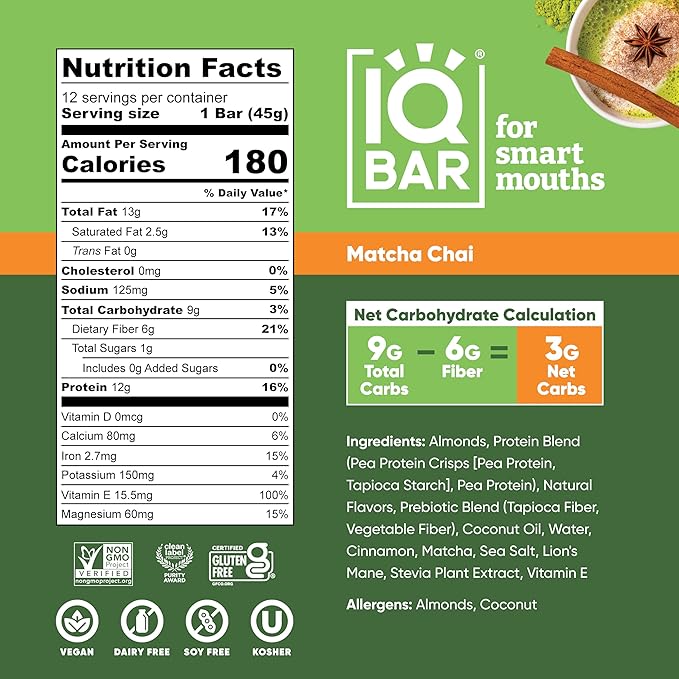 IQBAR Clean Plant Protein Bars - Matcha Chai - 12 Count - Keto, Vegan, High Fiber, Gluten and Dairy Free, Low Sugar Snack - Brain and Body Nutrients for Focus, Energy, Meal Replacement