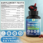 6-in-1 Plant Based Calcium Supplements for Women Men- Calcium 600mg w/ D3 K2 5000 IU Vitamin, Liposomal & Algae Ca-lcium Magnesium Zinc + Vegan Vitamin D 5000 IU + K2 MK7 + Methyl B12 for Bone, 1 Pack