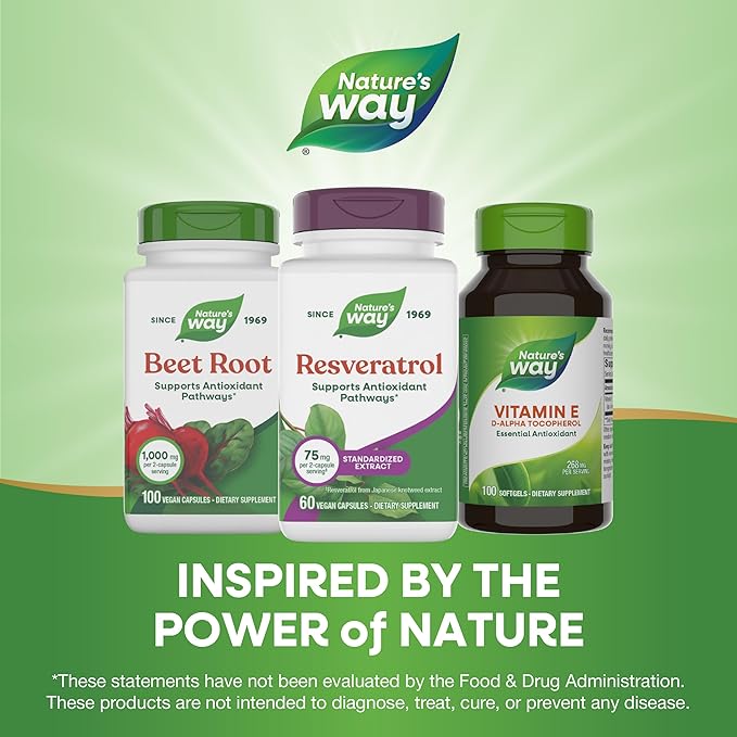 Nature's Way Resveratrol, Supports Antioxidant Pathways*, Helps Neutralize Free Radicals*, with Polyphenols from Red Wine Extract, 75mg per 2-Capsule Serving, Vegan, 60 Capsules (Packaging May Vary)
