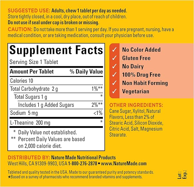 Nature Made Chewable L Theanine 200mg, L-Theanine Supplement for Stress Relief, 50 Chewable Tablets, 50 Day Supply