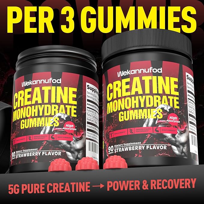 Wekannufod Creatine Monohydrate Gummies for Men & Women,5000MG Creatine Gummy Sugar Free. Boost Focus,Strength, and Endurance, Anti-Melting Formula, Vegan, Gluten-Free, Non-GMO,(Strawberry 90 ct)