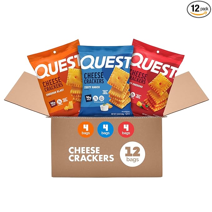 Quest Cheesy Protein Crackers Variety Pack, Zesty Ranch, Cheddar Blast, Spicy Cheddar, High Protein, Low Carb, 12 Count (4 each flavor)