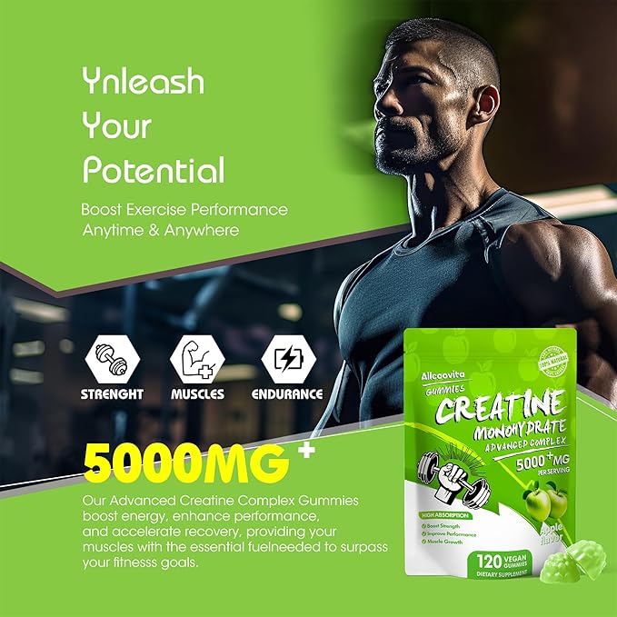 NSF Certified Creatine Gummy - Creatine Monohydrate Gummies 5000mg for Men & Women -120 Gummies Advanced Formula, Muscle Strength, Muscle Builder, Energy Boost, Pre-Workout Supplement-Apple
