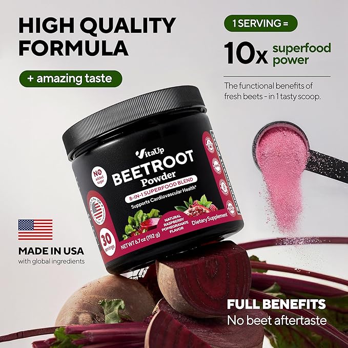 VitaUp Beet Root Powder 8 in 1 – USA Made Beets Powder Supplements with Grape Seed, Hawthorn, Coq10 – with Organic Beetroot for Energy & Circulation Support – Non-GMO, 30 Serving