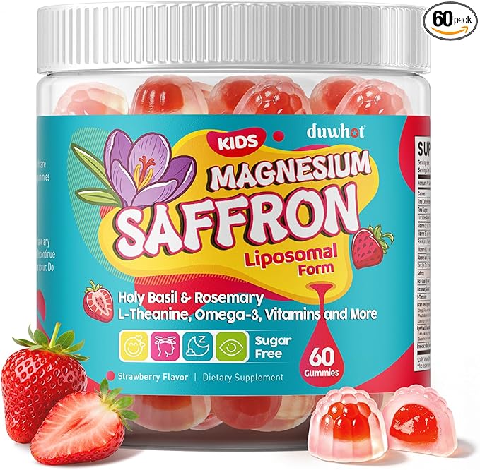 duwhot Saffron for Kids Gummies Sugar Free, Saffron Magnesium Supplement w/Holy Basil, Rosemary, Omega-3 & Vitamins for Happy Kids, Brain, Energy & Vision Support, Vegan, Organic, 60 Chewables