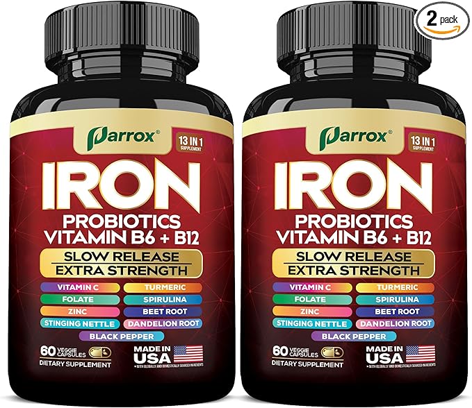Iron Supplement, Slow Release Iron, Probiotics, Spirulina, Turmeric, Vitamin B6, Methylated B12, Vitamin C, Zinc, Beetroot, Nettle Leaf, Dandelion Root, Black Pepper, Extra Strength, 60 Capsules 2Pack