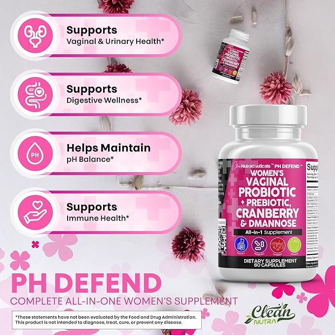 Clean Nutraceuticals Vaginal Probiotics for Women + Prebiotics 20 Billion Cranberry Pills w D-Mannose 500 mg for Urinary Tract Health pH Balance - for Vaginal Health Supplements Pills - 3Pack