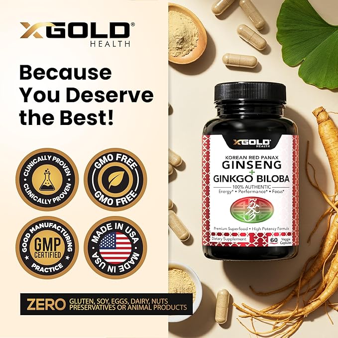 X Gold Health Korean Red Panax Ginseng + Ginkgo Biloba – 7% Ginsenosides Extra Strength – Energy, Memory, Focus & Brain Support – Premium Supplement for Men & Women – Non-GMO, 60 Vegan Capsules