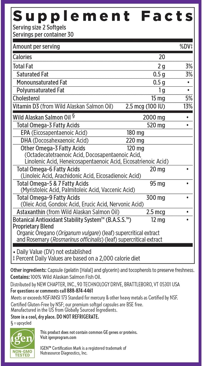 New Chapter Wholemega Fish Oil Supplement - 2000mg per Serving, Clinically Proven Wild Alaskan Salmon Oil with Omega-3 + Vitamin D3 + Astaxanthin, 60 Softgels