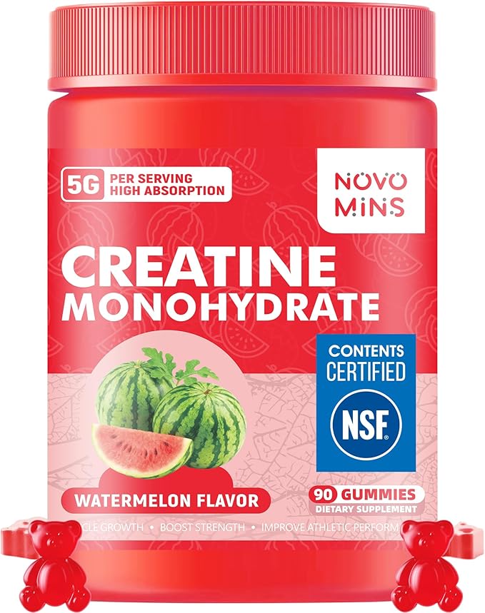 novomins Creatine Monohydrate Gummies for Men & Women, Chewables Creatine Monohydrate for Muscle Strength, Muscle Builder, Energy Boost, Pre-Workout Supplement(90 Count)-Watermelon Flavor. 1 Pack
