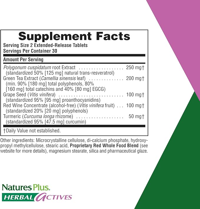 NaturesPlus Herbal Actives Resveratrol, Extended Release - 60 Tablets - Vegetarian, Gluten Free - 30 Servings