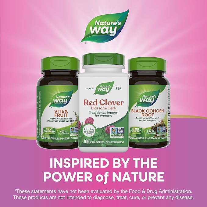 Nature's Way Red Clover Blossom Herb, Traditional Health Support for Women*, 800 mg per 2-Capsule Serving, Non-GMO Project Verified, Red Clover Supplement, 100 Vegan Capsules (Packaging May Vary)