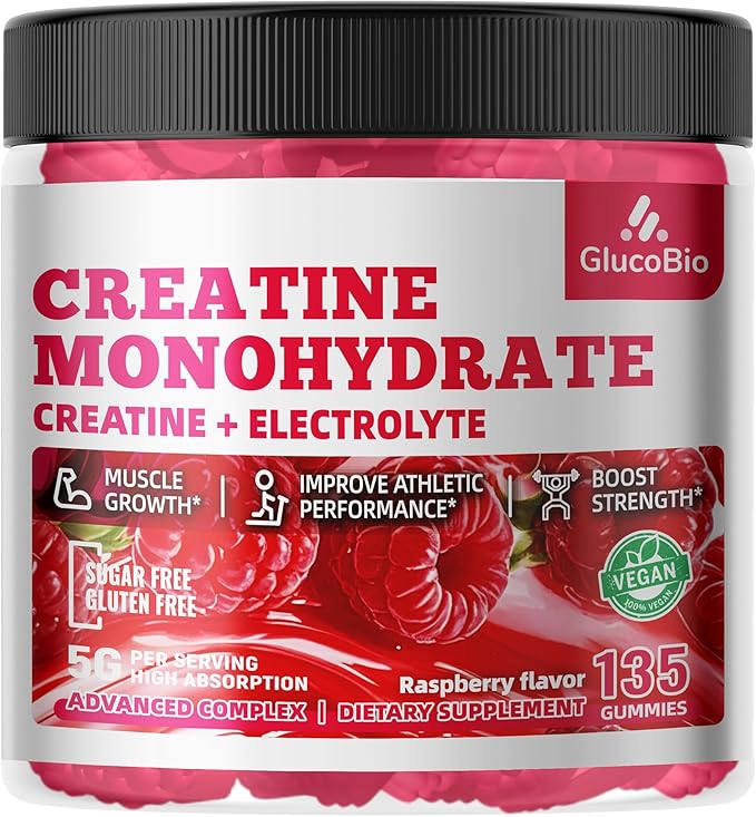 Creatine Monohydrate Gummies (5g) – Pre-Workout Energy & Muscle Growth Support for Men & Women | Raspberry Electrolyte Gummies (135 Count)