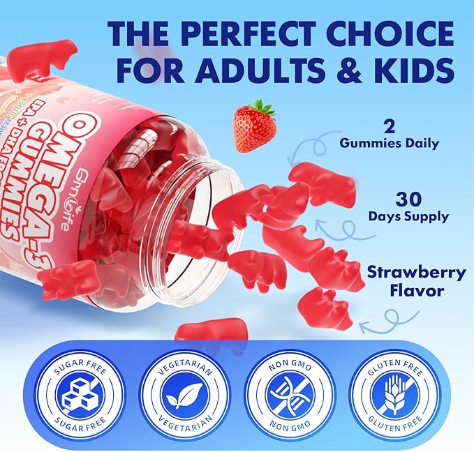 2 Pack Vegan Omega 3 Gummies 1000mg+CoQ10+Magnesium - w/Algae EPA 600mg & DHA 400mg, Fish Oil Omega-3 Supplements Alternative for Adults, for Brain, Eye, Immune Health, Strawberry Flavor, 120 Count