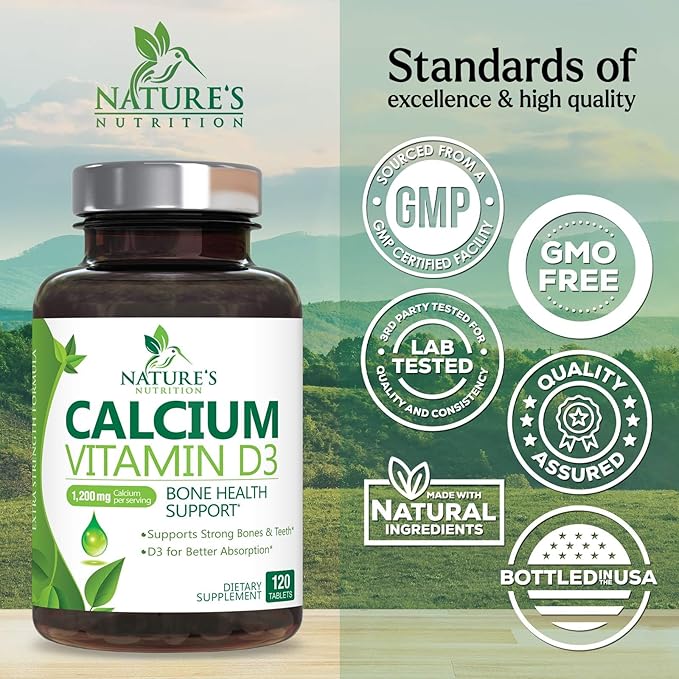 Calcium Supplement with Vitamin D3-1200 mg Calcium per Serving with D3 for Best Absorption - Supports Immune Health, Bones & Teeth - Nature's Calcium is Bottled in USA for Women & Men - 120 Tablets