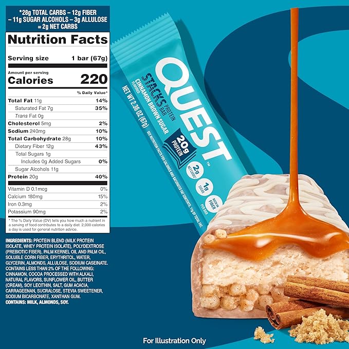 Quest Nutrition Stacks Protein Bars, Cinnamon Brown Sugar, 20g Protein, 2g Net Carbs, 1g Sugar, High Fiber, Low Sugar, Gluten Free, 4 Count