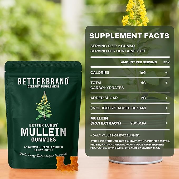 Betterbrand Mullein Chewable Gummies for Lung Cleanse and Detox, Respiratory Health Supplement, 1000mg Mullein Extract per Serving, 60 Gummies - 30 Day Supply - Pear Flavored