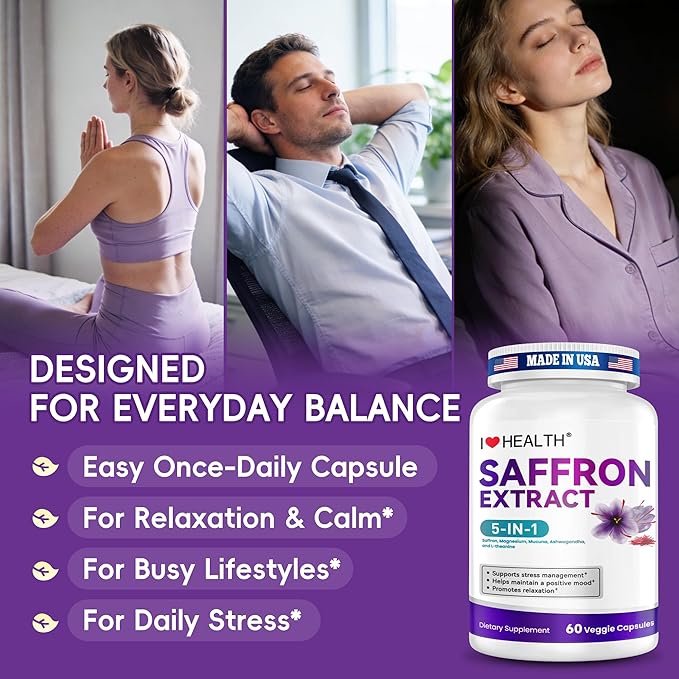 Saffron Supplement – 88.5mg with Magnesium Glycinate, Ashwagandha & L-Theanine for Stress Relief, Calm Mood & Emotional Balance – Made in USA – 60 Capsules